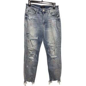 Judy Blue Boyfriend Jeans Women 5/27 Mid Rise Paint Splatter Distressed Raw Hem
